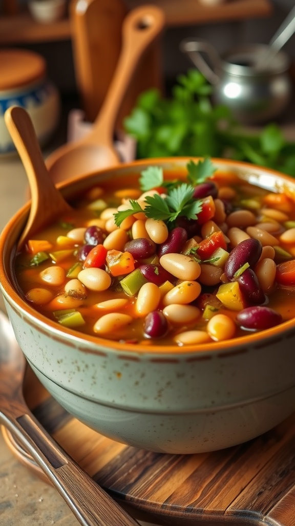 A hearty bowl of nine-bean soup with colorful beans and vegetables, garnished with cilantro, on a rustic table.